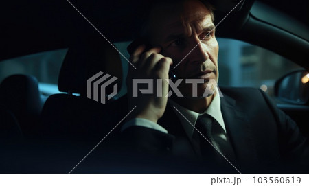 CEO Male Caucasian Mature Making phone calls and negotiating deals in a chauffeured moving car. Generative AI AIG22. 103560619