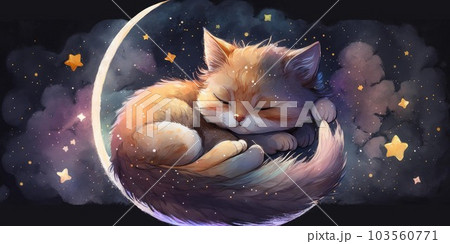 A cute and adorable kitten is sleeping under night sky between stars pillow A cute and adorable kitten is sleeping under night sky between stars pillow 103560771