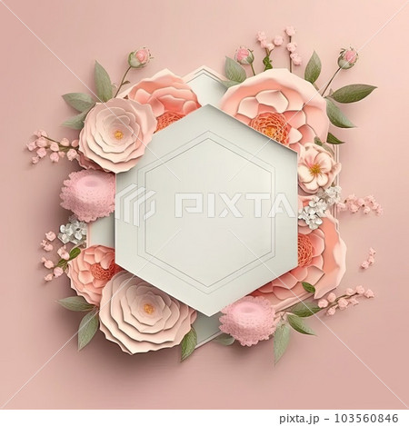 Romantic color in pastel roses of hexagon shape frame with leaves concept. 103560846