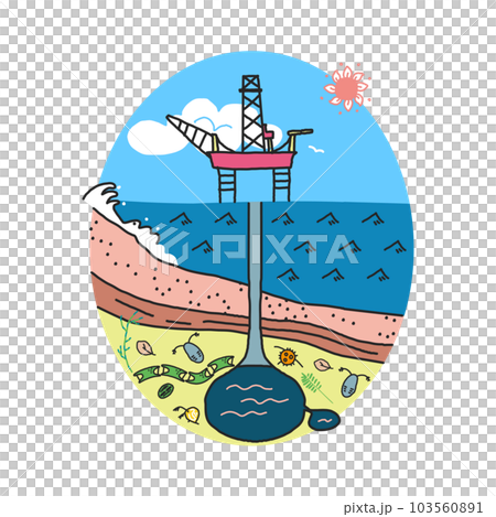 太古のプランクトンから出来た海底油田を海底から掘削しているプラットフォーム イラスト素材	 太古のプランクトンから出来た海底油田を海底から掘削しているプラットフォーム イラスト素材	 103560891