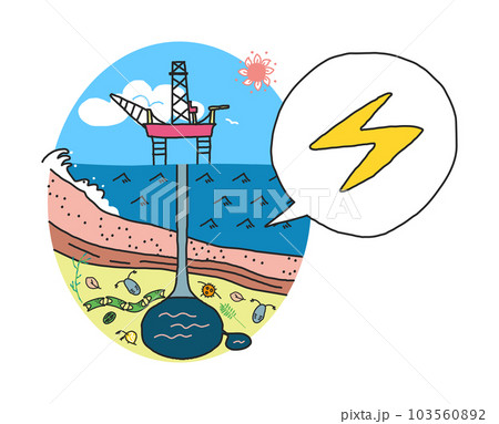 太古のプランクトンから出来た海底油田を海底から掘削しているプラットフォーム イラスト素材	 太古のプランクトンから出来た海底油田を海底から掘削しているプラットフォーム イラスト素材	 103560892