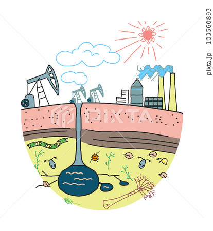 平原で太古のプランクトンから出来た化石燃料を掘削機で掘削所と火力発電所 イラスト素材	 平原で太古のプランクトンから出来た化石燃料を掘削機で掘削所と火力発電所 イラスト素材	 103560893
