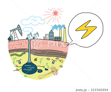 平原で太古のプランクトンから出来た化石燃料を掘削機で掘削所と火力発電所　イラスト素材	 103560894