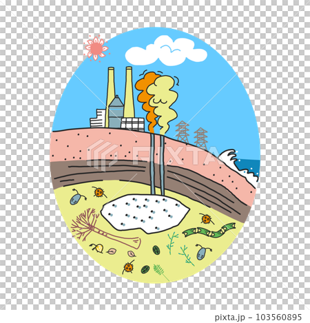 太古のプランクトンから出来たメタンハイドレートを掘削し発電している発電所　イラスト素材	 103560895