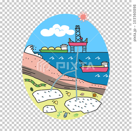 A platform and a large ship that mine methane hydrate made from ancient plankton from the seafloor Illus 103560898