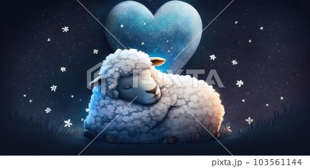 A cute and adorable lamb is sleeping under night sky between stars pillow A cute and adorable lamb is sleeping under night sky between stars pillow 103561144