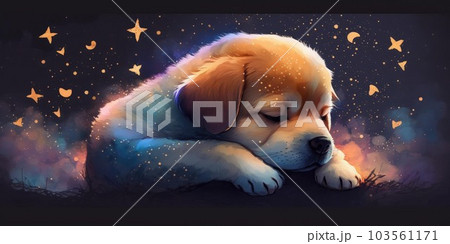 A cute and adorable puppy is sleeping under night sky between stars pillow 103561171