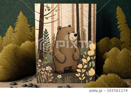 Brown bear in a forest super cute cartoon art style nordic style 103561174