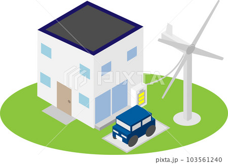 アイソメトリックな家庭用風力発電の機械がある家のイラスト素材