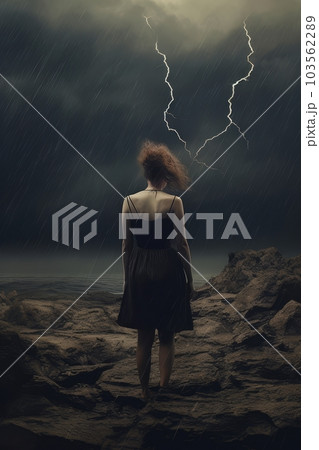Young woman and panoramic landscape due to drought and weather before rain AI Young woman and panoramic landscape due to drought and weather before rain AI 103562289