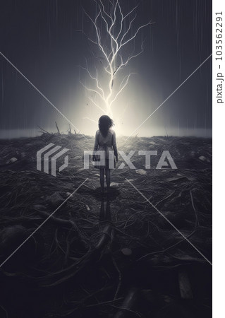 Girl and panoramic landscape due to drought and weather before rain AI 103562291