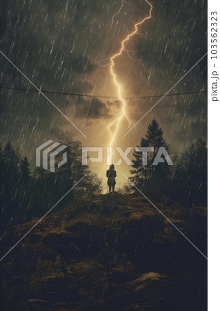 Man and panoramic landscape due to drought and weather before rain AI 103562323