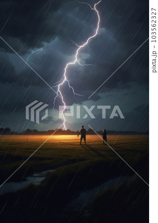 Teens and panoramic landscape due to drought and weather before rain AI 103562327