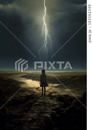 Girl and panoramic landscape due to drought and weather before rain AI 103562349