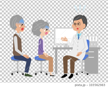 A senior couple who receives an explanation from a male doctor in an examination room and is shocked 103562983