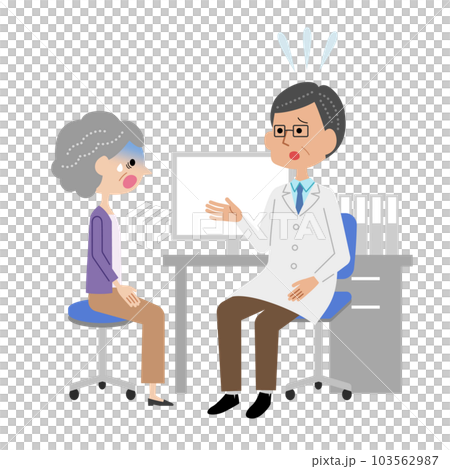 Senior woman shocked after receiving explanation from male doctor in examination room 103562987