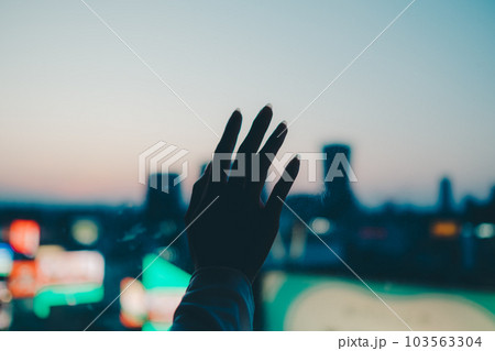 都会の夕焼けに佇む若い女性 103563304