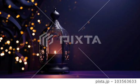 Arabic lantern with burning candle, purple background shiny bokeh. Muslim holy month Ramadan Kareem, symbol of Islamic religion 103563633