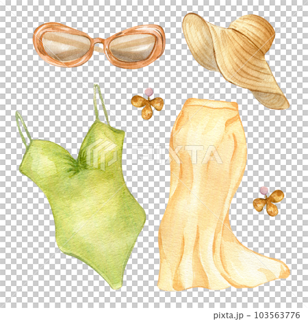 Set of woman's summer clothes watercolor illustration isolated on white. Beach style of swimsuits, straw hat and skirt hand drawn. Design for shop, sale, magazine, packaging, showcase, pattern 103563776