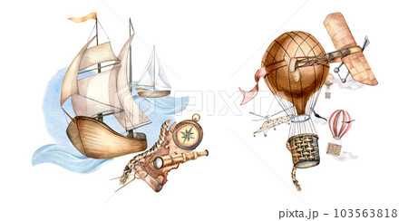 Composition of sailing ship, hot air balloon watercolor illustration isolated on white. Hour glass, spyglass, boat, air plane hand drawn. Childish design, element for boy's room, print, postcard 103563818