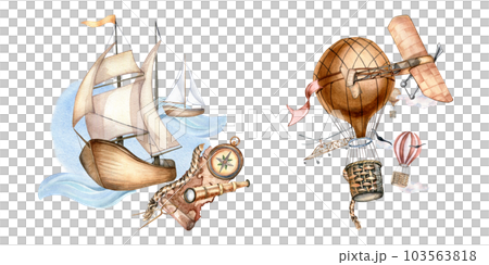 Composition of sailing ship, hot air balloon watercolor illustration isolated on white. Hour glass, spyglass, boat, air plane hand drawn. Childish design, element for boy's room, print, postcard 103563818