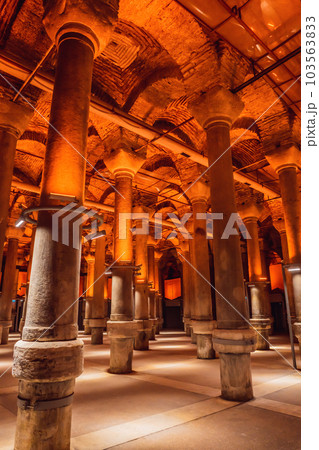 Beautiful cistern in Istanbul. Cistern - underground water reservoir build in 6th century, Istanbul, Turkey, Turkiye 103563833
