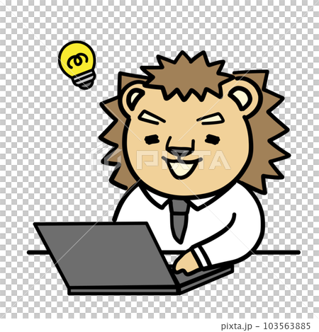 An anthropomorphic lion office worker who flashes while working on a PC 103563885