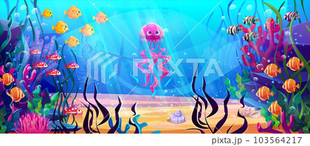 Funny jellyfish swimming in sea water Funny jellyfish swimming in sea water 103564217