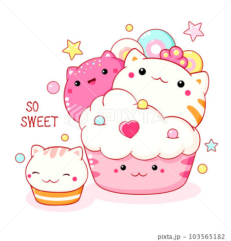 Cute cat-shaped dessert in kawaii style. Cake, - Stock