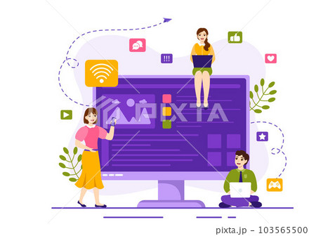 Internet Addiction Vector Illustration with Young People Addicted to Using Devices Such as Laptop or Smartphone in Flat Cartoon Hand Drawn Templates 103565500