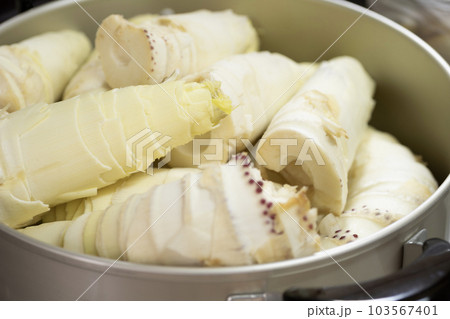 山盛りのタケノコを鍋で茹でる 103567401