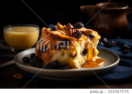Warm and comforting slice of bread pudding with rich vanilla custard. AI generated Warm and comforting slice of bread pudding with rich vanilla custard. AI generated 103567570