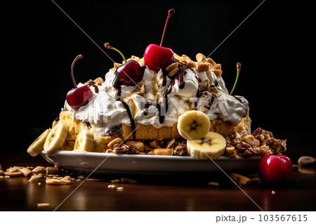 Banana split piled high with ice cream, sliced bananas, whipped cream, chocolate syrup.. AI generated 103567615