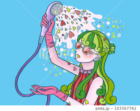 ハートのシャワーを浴びる女の子　水色背景　水しぶき 103567762