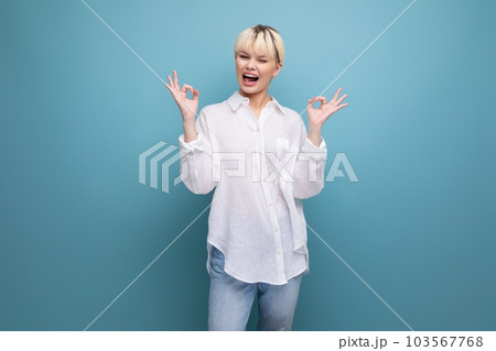 funny young blond business woman in white shirt on background with cop and space funny young blond business woman in white shirt on background with cop and space 103567768