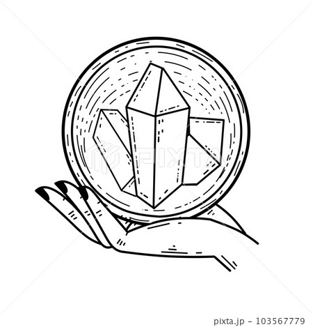 Magic crystal ball and gems in hand. Mystical and magical witch ritual. Spiritual mystery future wizard teller. Esoteric Astrology and fortune. 103567779