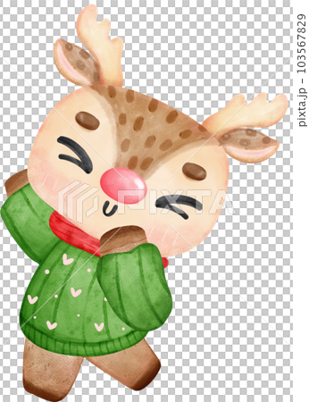 Cute reindeer Christmas wearing scarf and santa hat cartoon character watercolour hand painting  103567829