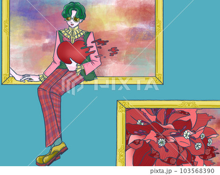 ハートを抱えた男の子　水色背景　白 103568390