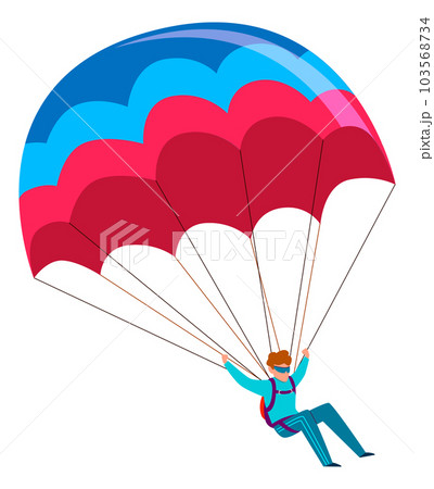 Skydiver. Man with open parachute flying in sky. Falling from airplane. Extreme dangerous sport or hobby. Professional skydiving and parachuting. Cartoon flat isolated vector illustration Skydiver. Man with open parachute flying in sky. Falling from airplane. Extreme dangerous sport or hobby. Professional skydiving and parachuting. Cartoon flat isolated vector illustration 103568734
