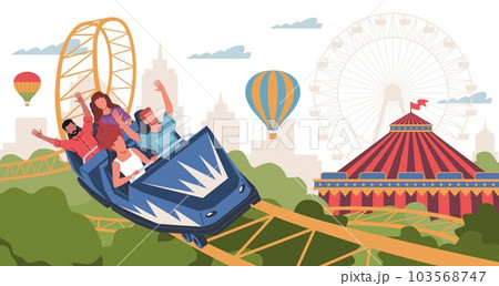 People ride in rollercoaster. Amusement park visitors in trailers racing along rails, extreme carousel, positive emotions, Russian mountains. Cartoon flat illustration. Nowaday vector concept People ride in rollercoaster. Amusement park visitors in trailers racing along rails, extreme carousel, positive emotions, Russian mountains. Cartoon flat illustration. Nowaday vector concept 103568747