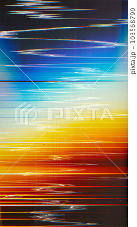 Color glitch texture. Distortion overlay. Distressed screen. Blue orange white gradient glow defect dust scratches noise on black illustration abstract background. 103568790