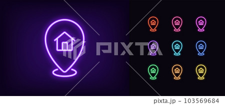 Outline neon home pointer icon set. Glowing neon map pin with house sign, booking apartment service, location marker. Home and apartment rent, cottage location, house address position Outline neon home pointer icon set. Glowing neon map pin with house sign, booking apartment service, location marker. Home and apartment rent, cottage location, house address position 103569684