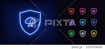 Outline neon shield security icon set. Glowing neon shield with digital cloud storage sign, cloud data exchange. Cyber security, secure cloud synchronization, reliable update, file backup 103569686