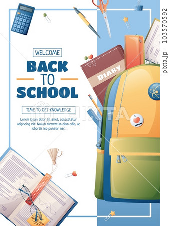 Poster template with school backpack, textbooks and stationery. Flyer design on the theme of school, education. Back to school, school time, studying. Banner, background, poster size a4 Poster template with school backpack, textbooks and stationery. Flyer design on the theme of school, education. Back to school, school time, studying. Banner, background, poster size a4 103570592