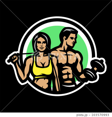 Man and woman, fitness logo on a black background. Vector illustration. 103570993