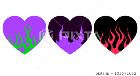 Y2k flaming hearts 00s, 90s style collection fire trendy abstract aesthetic vector compositions, prints and emo graphic design elements. EPS 103571652