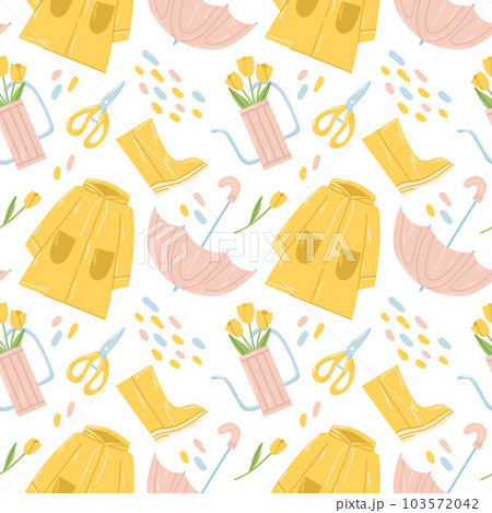 Seamless spring pattern with yellow raincoat, pink umbrella and watering can with yellow tulips on white 103572042