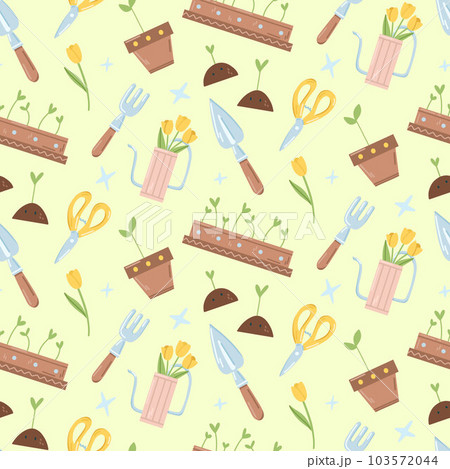 Garden pattern with working tools on a light yellow, shovels, scissors, watering cans, pots with sprouts Garden pattern with working tools on a light yellow, shovels, scissors, watering cans, pots with sprouts 103572044