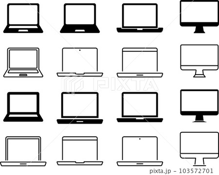 シンプルなノートパソコンとデスクトップの線画とシルエットのアイコンセット 103572701