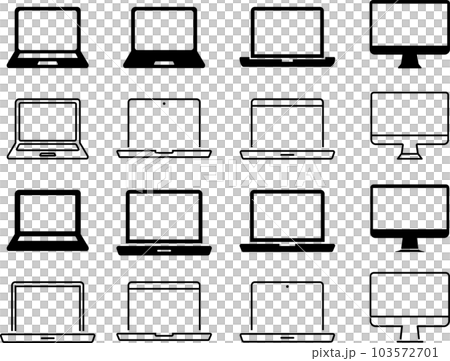 シンプルなノートパソコンとデスクトップの線画とシルエットのアイコンセット 103572701